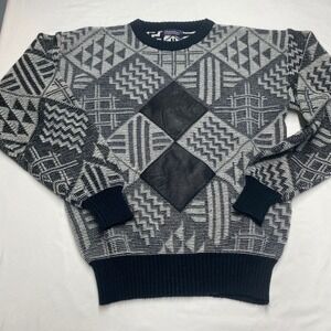 Barnaby Vintage Geometric Knit Sweater Black White Leather Diamond Patches
